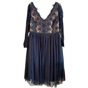 NWT City Chic Dress Rare Beauty Navy Midi Size 14 Long Sleeve Lace Tulle Skirt